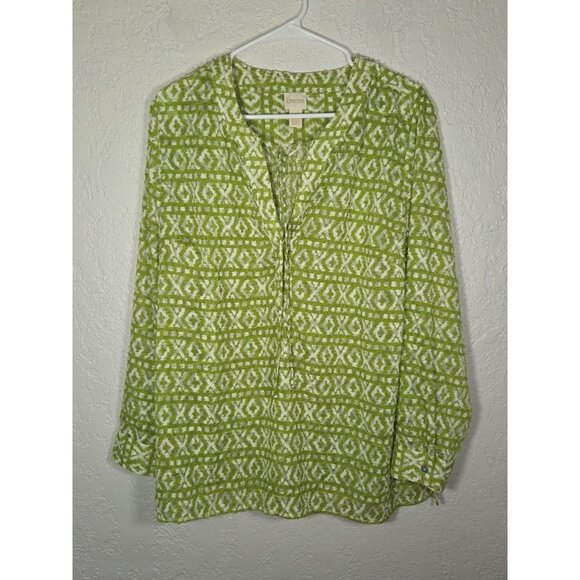 CHICO'S Sheer Eyelash Long Sleeve Pullover Tunic in Green & White Size 2 Large - Picture 1 of 6